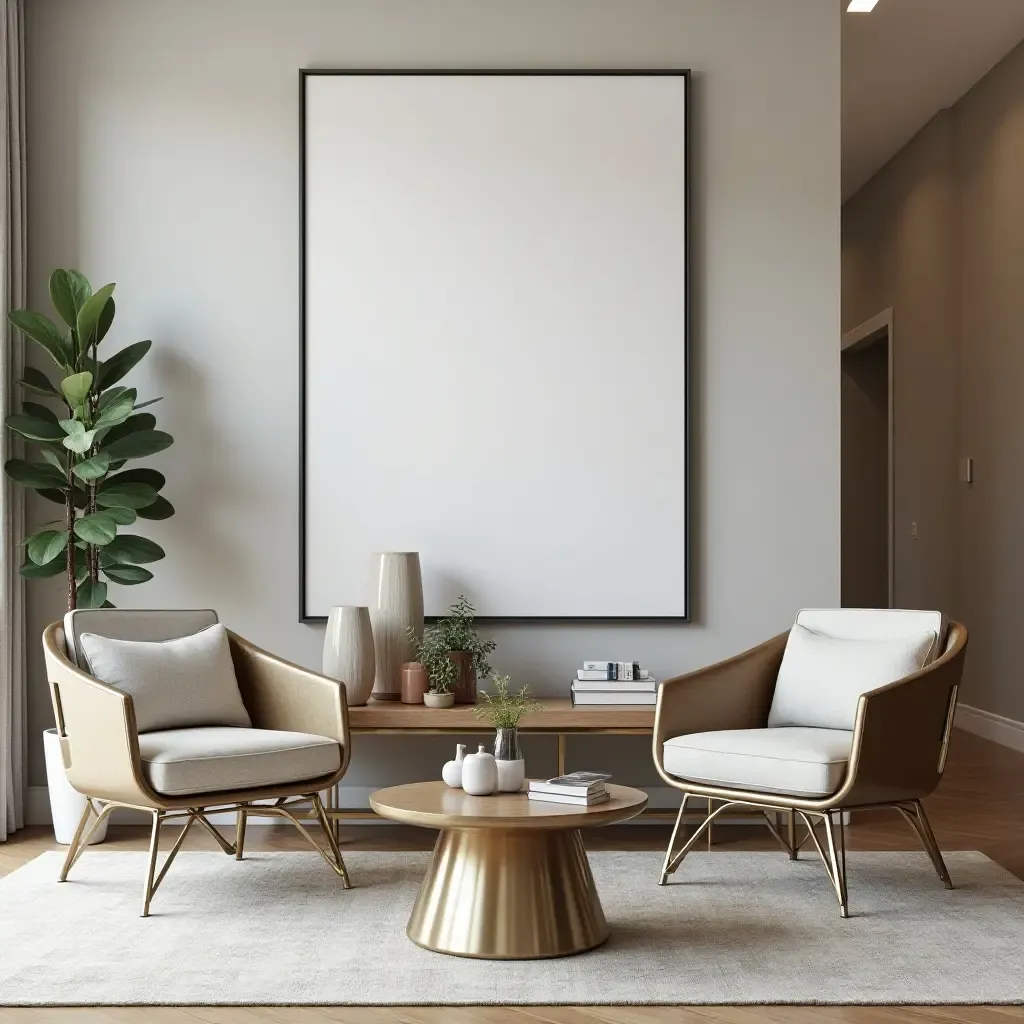 a photo of a stylish living room with metallic accent chairs and tables