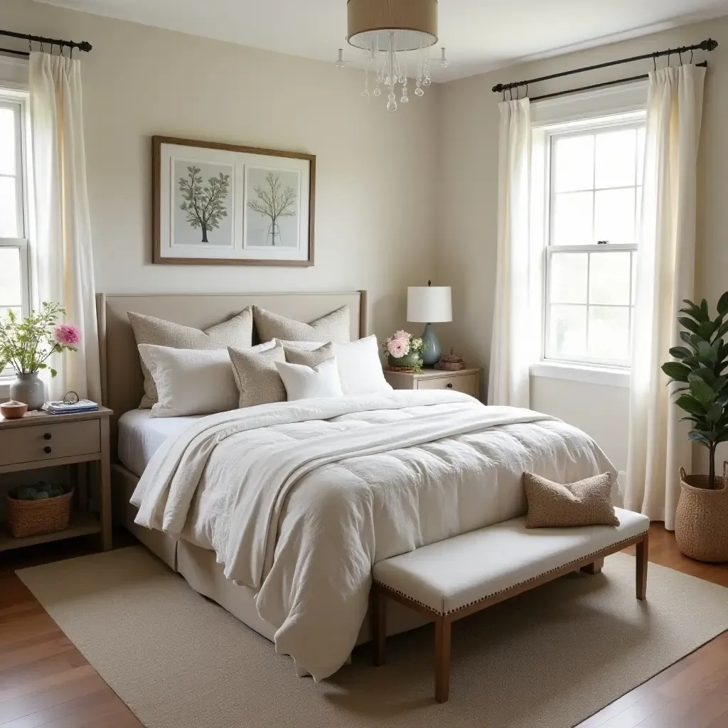 a photo of a cozy bedroom with a mix of neutral tones and farmhouse charm