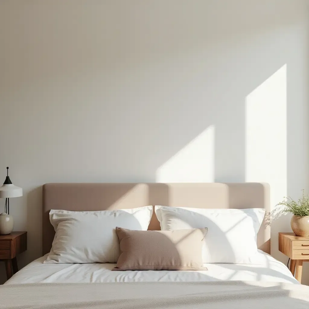 a photo of a neutral-toned bedroom with subtle throw pillows