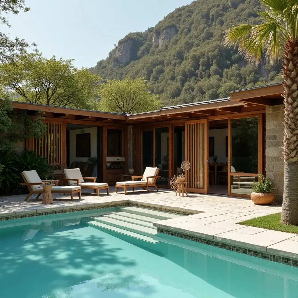 a photo of a pool area featuring a mix of wood and metal furniture