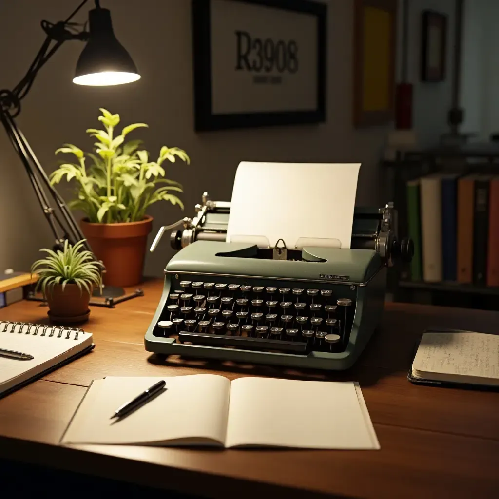 a photo of a desk with vintage stationery and a typewriter