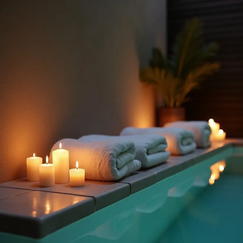 a photo of a stylish poolside spa area with candles and soft towels