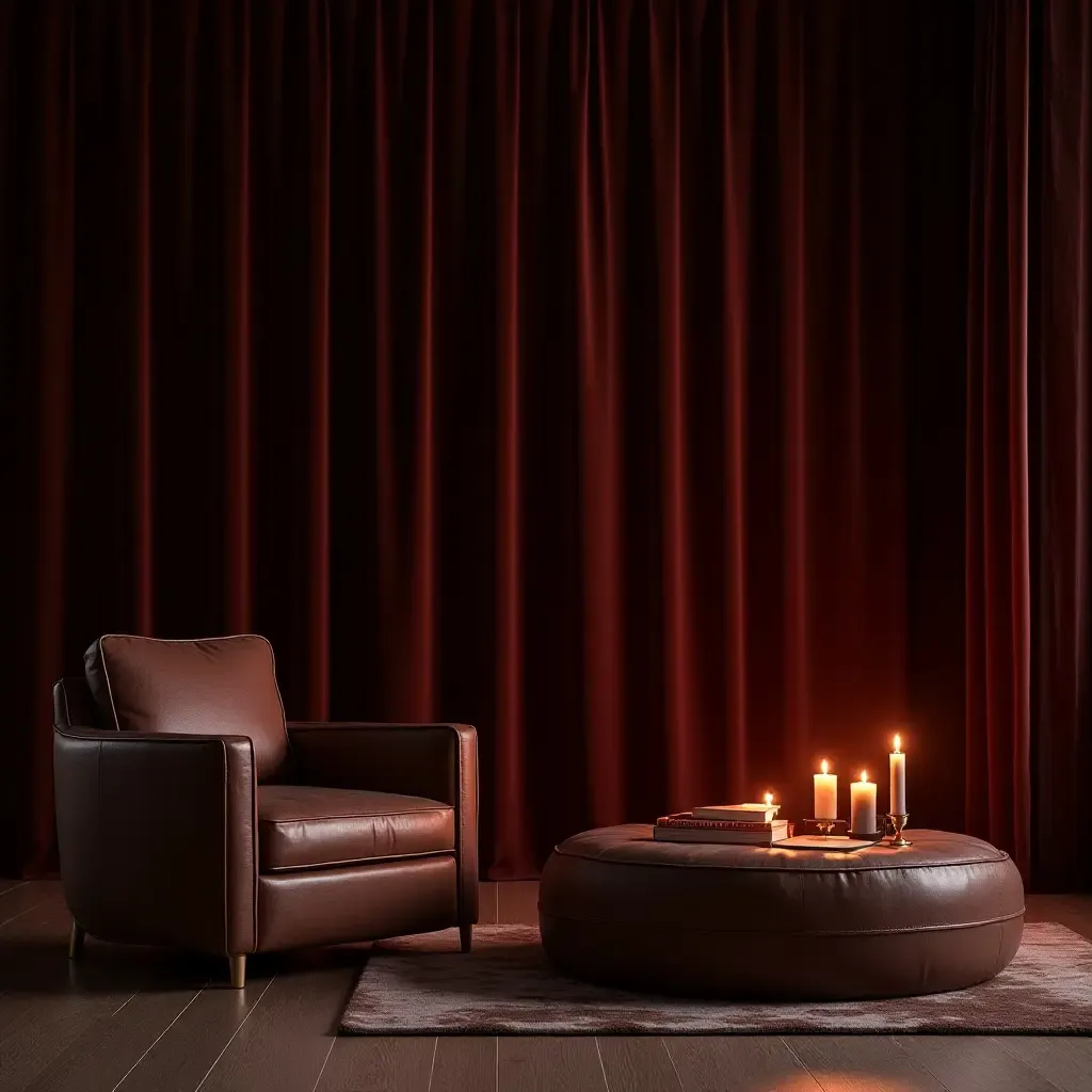 a photo of a living room with dark velvet curtains and candlelit ambiance