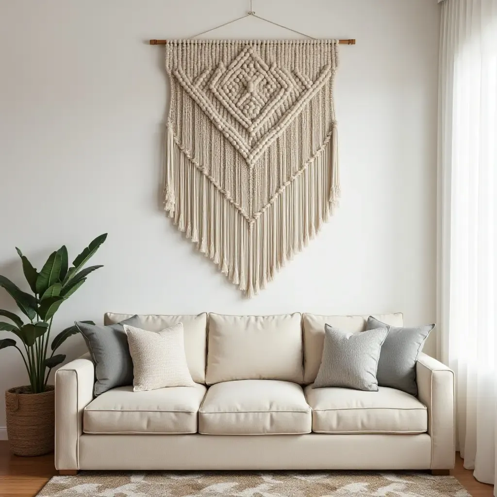 a photo of an oversized macrame wall hanging above a plush sofa