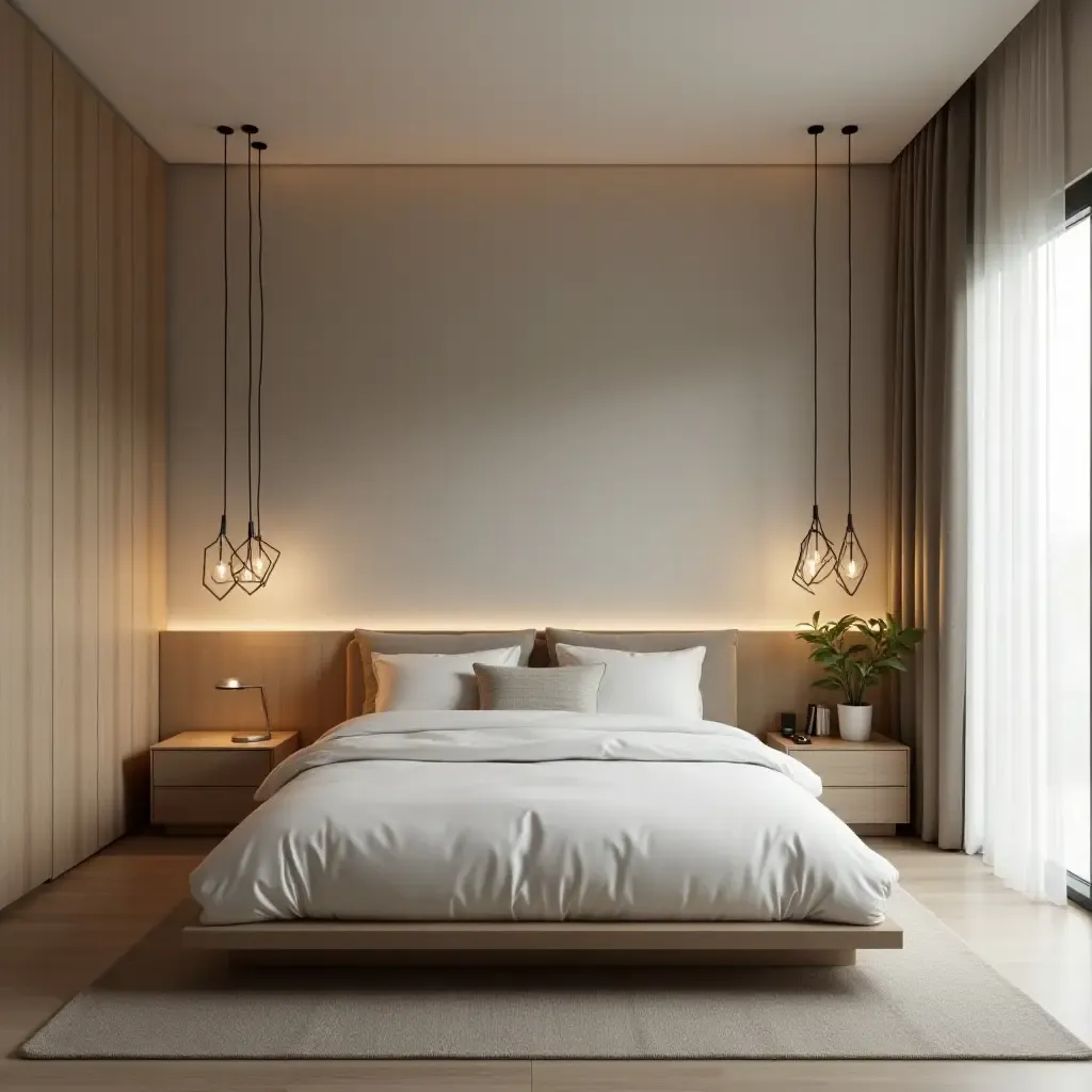 a photo of a minimalist bedroom illuminated by geometric pendant lighting