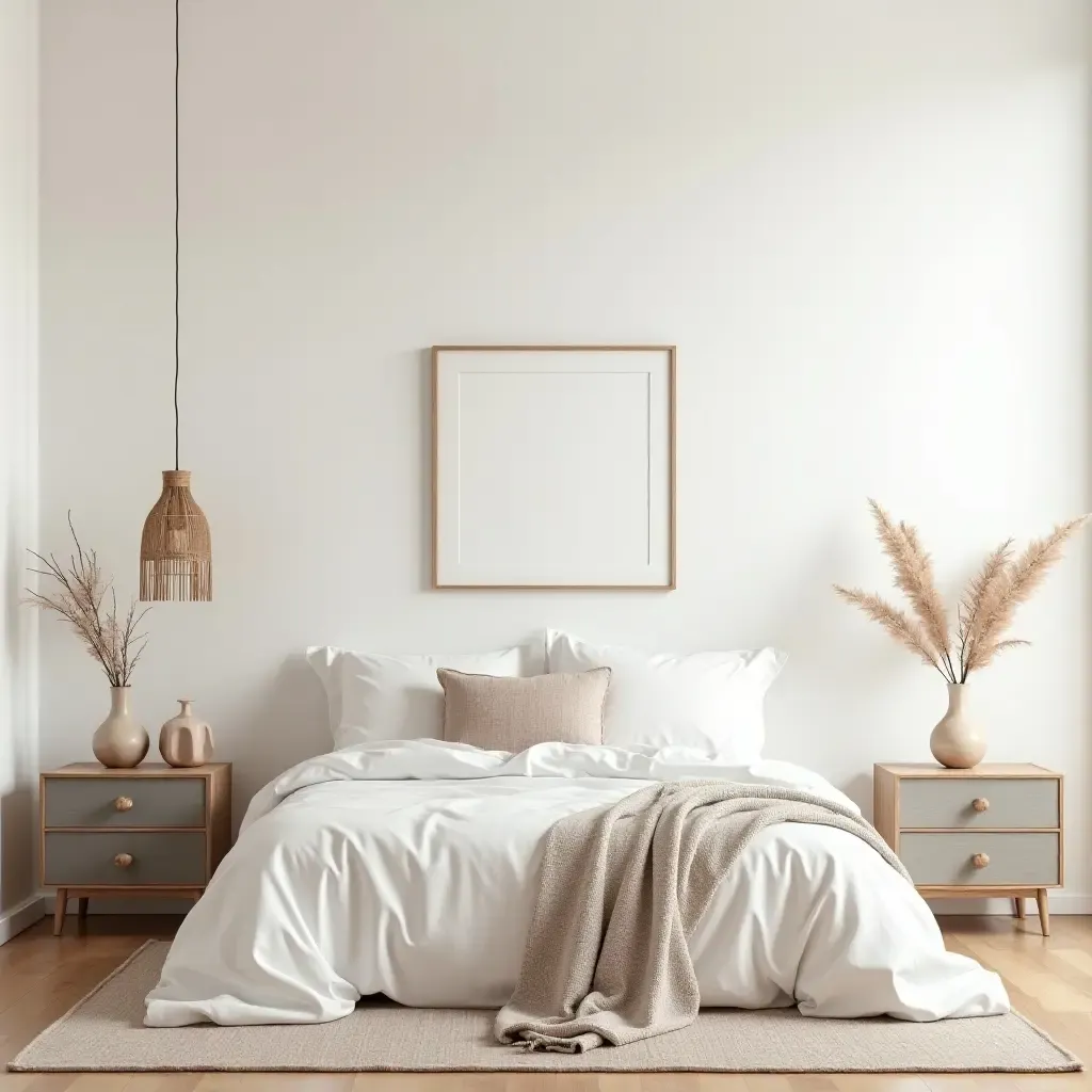 a photo of a calming bedroom with minimal furniture and bohemian art