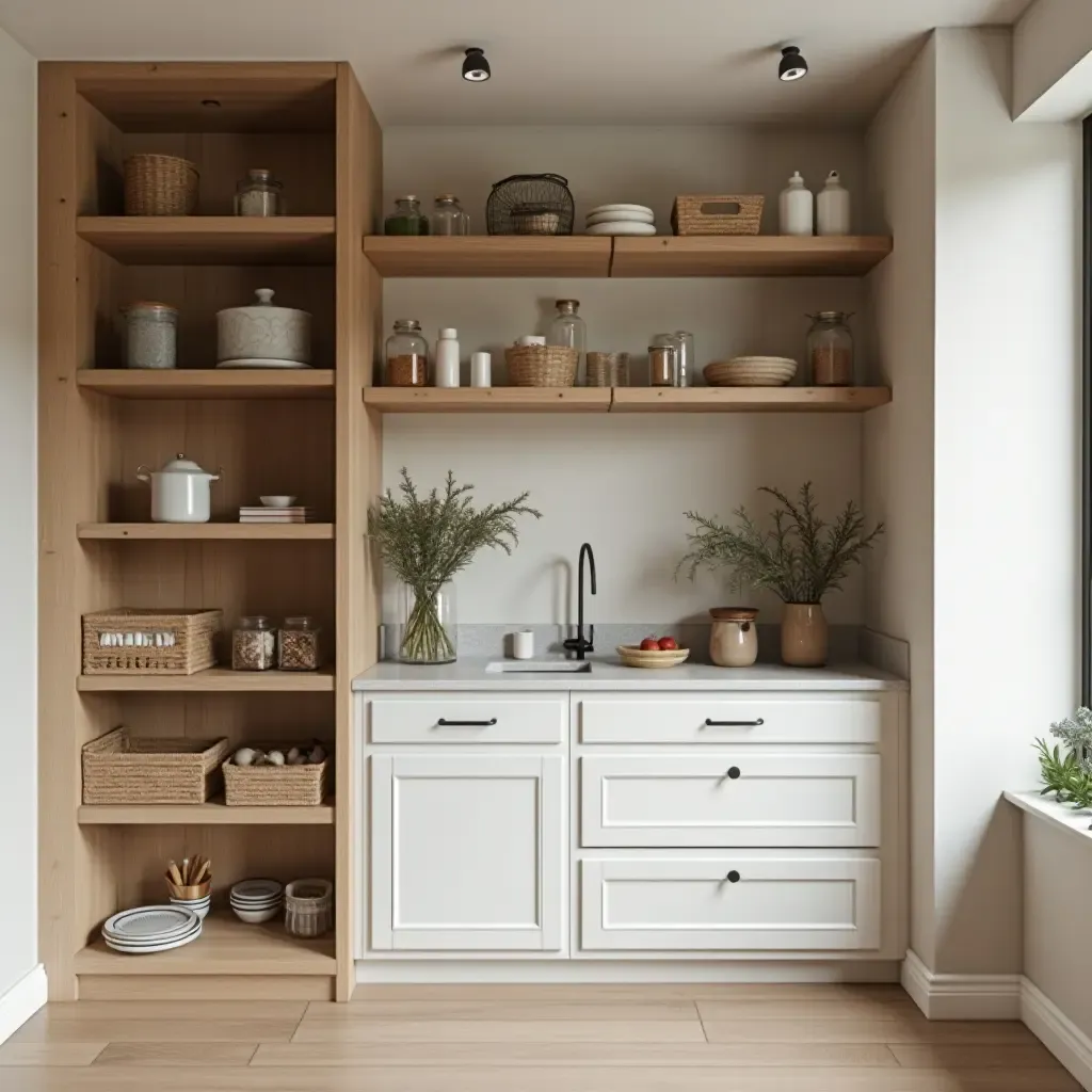 a photo of a pantry with a stylish ladder for reaching high shelves