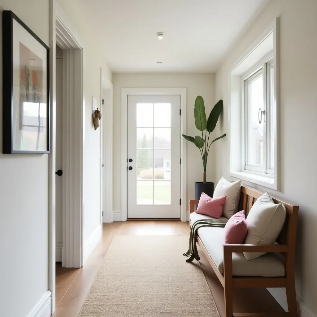 a photo of a stylish basement hallway with decorative throw pillows on a bench