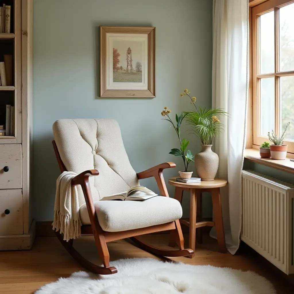 a photo of a charming reading corner with a vintage rocking chair and soft blankets