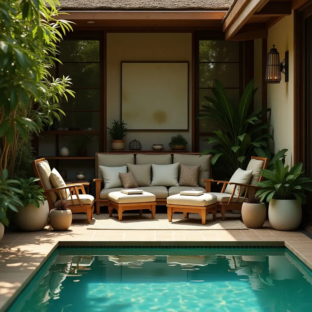 a photo of a cozy reading nook with plants beside the pool