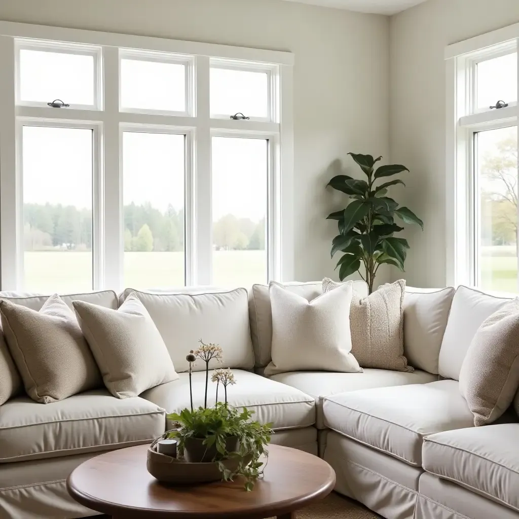 a photo of a farmhouse living room with a comfortable sectional and decorative pillows