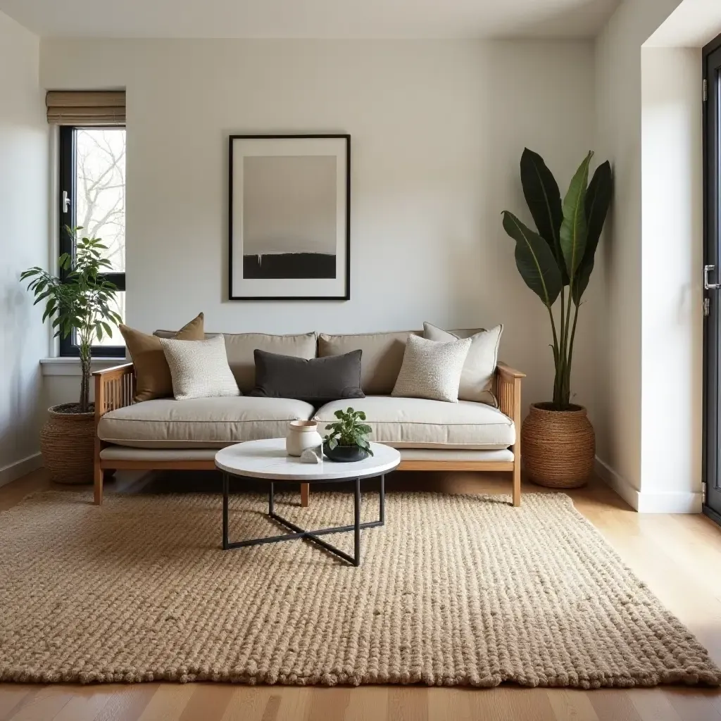 a photo of a handwoven jute rug adding texture to a basement lounge