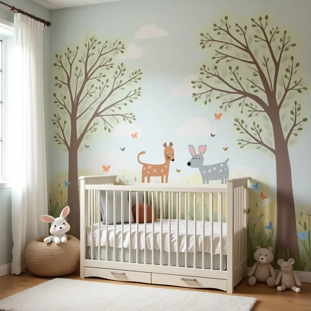 a photo of a nursery with a whimsical mural of enchanted forest animals