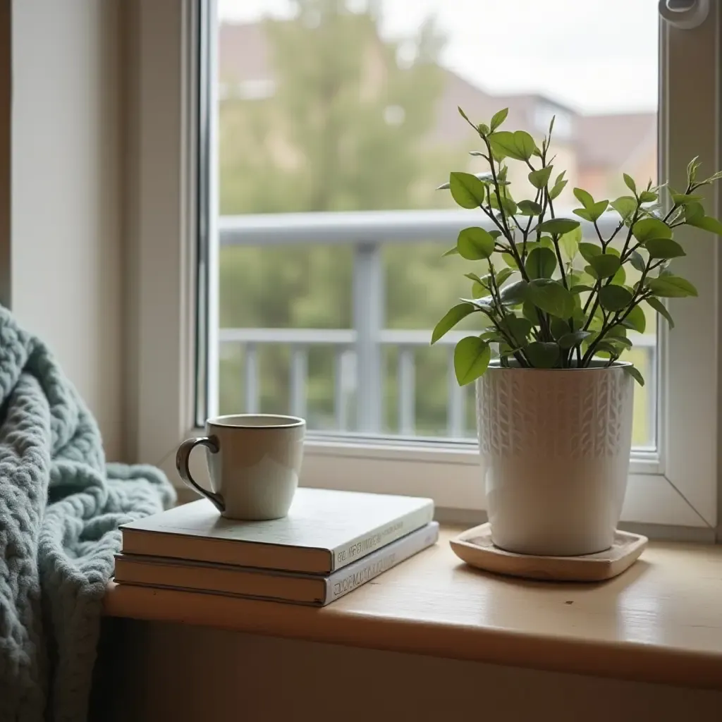 a photo of a cozy balcony shelf setup with books and a coffee cup