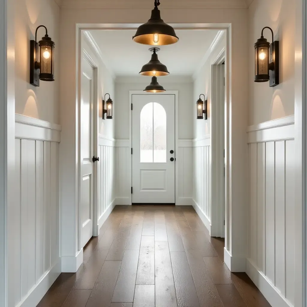 a photo of a timeless farmhouse hallway featuring shiplap walls and rustic lighting