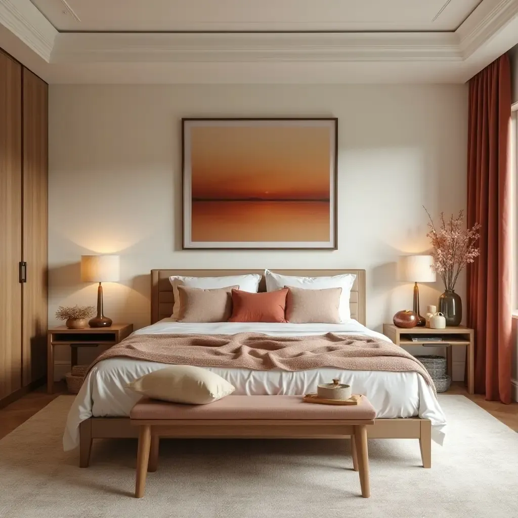 a photo of a warm cinnamon and ivory bedroom with inviting accents