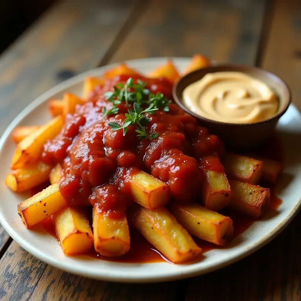 a photo of patatas bravas with spicy tomato sauce and aioli on a rustic wooden table.