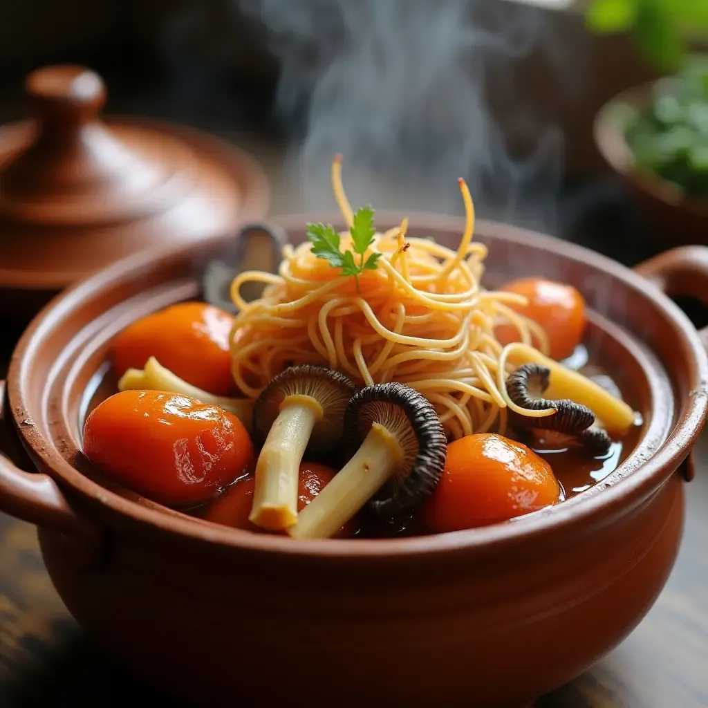 a photo of colorful Yunnan mushroom hotpot in a clay pot.