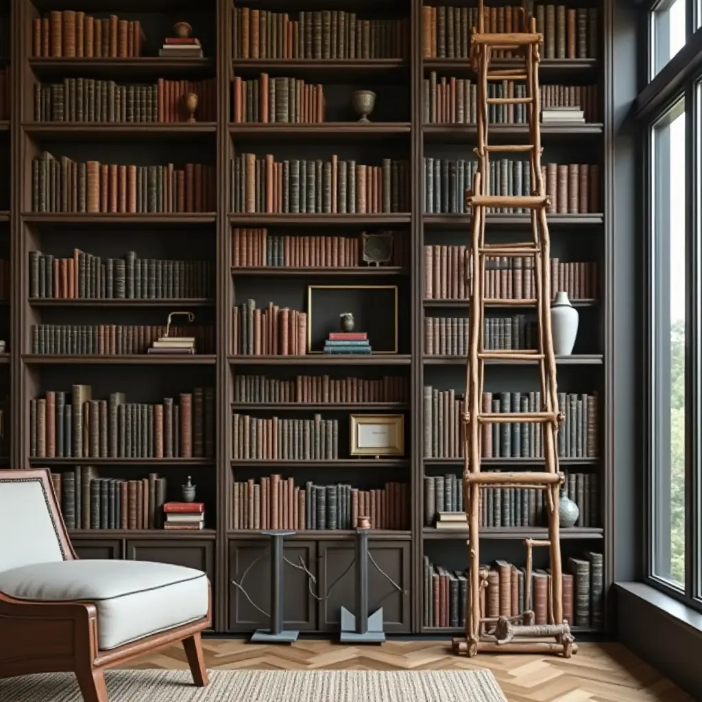 a photo of a library featuring a vintage ladder and metal bookends