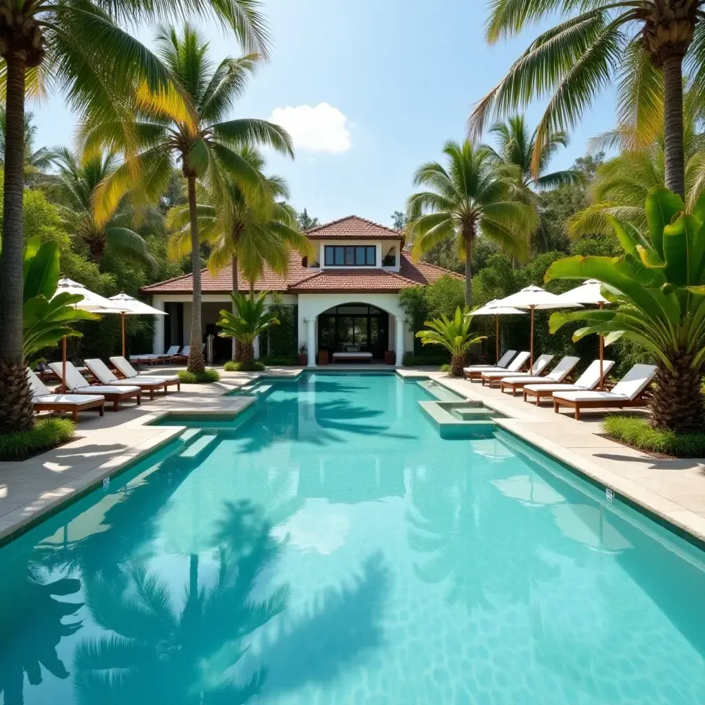 a photo of a pool with floating lounge chairs and tropical decorations