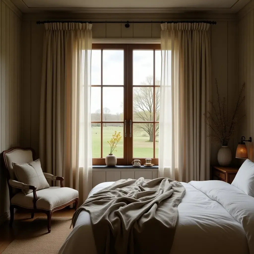 a photo of a farmhouse bedroom featuring a large window with sheer curtains and a view of nature