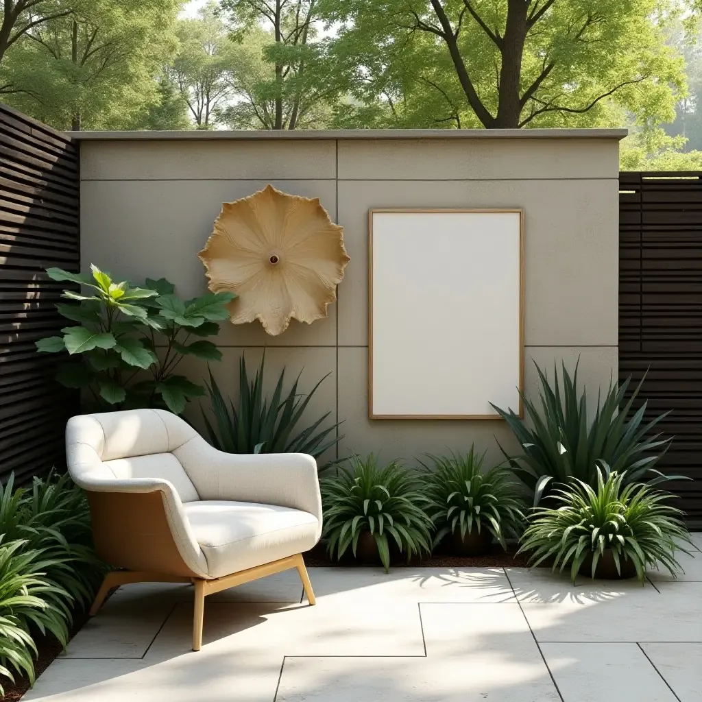 a photo of a chic garden wall with modern art pieces