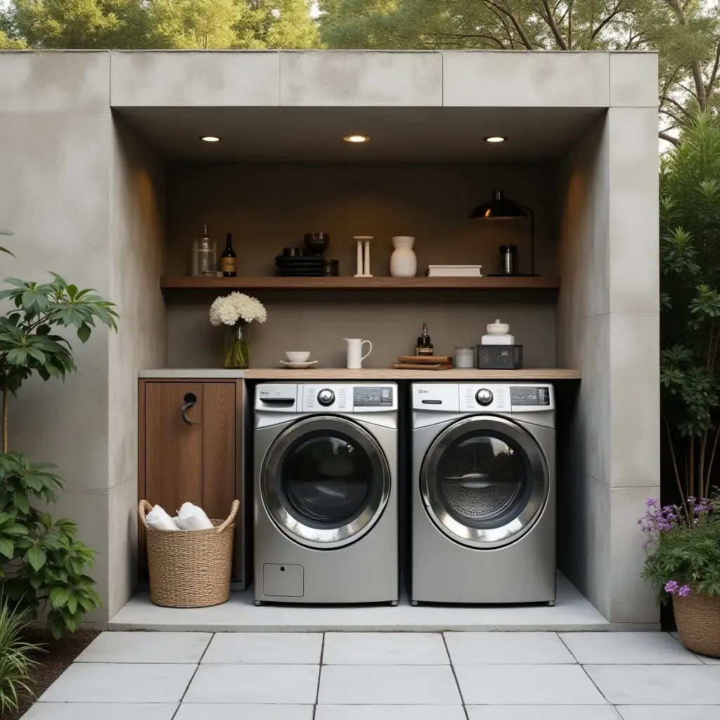 a photo of a contemporary outdoor laundry space with industrial design elements