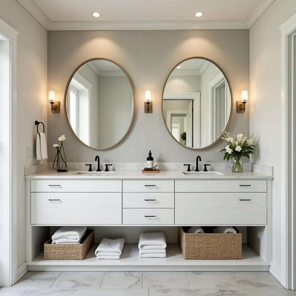 a photo of a bathroom with a built-in vanity for organization