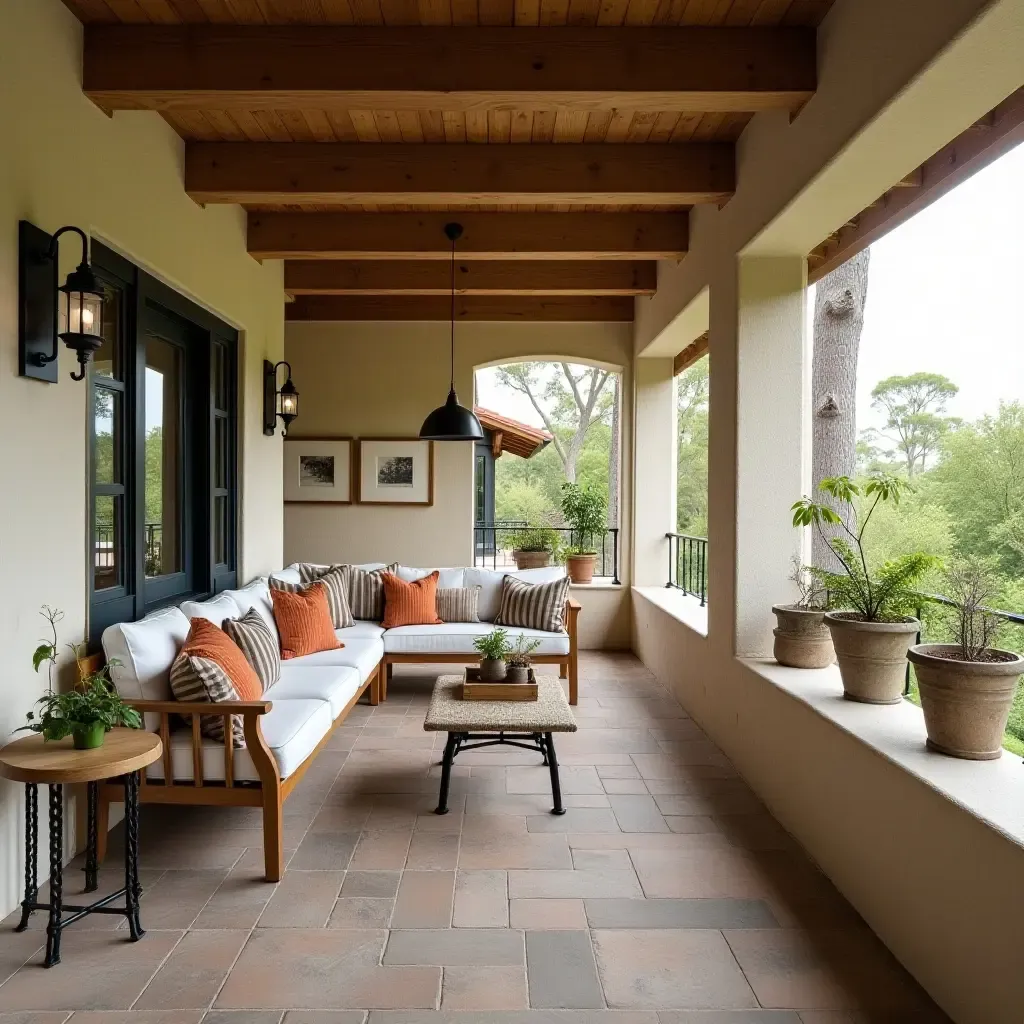 a photo of a balcony with wooden beams and rustic decor