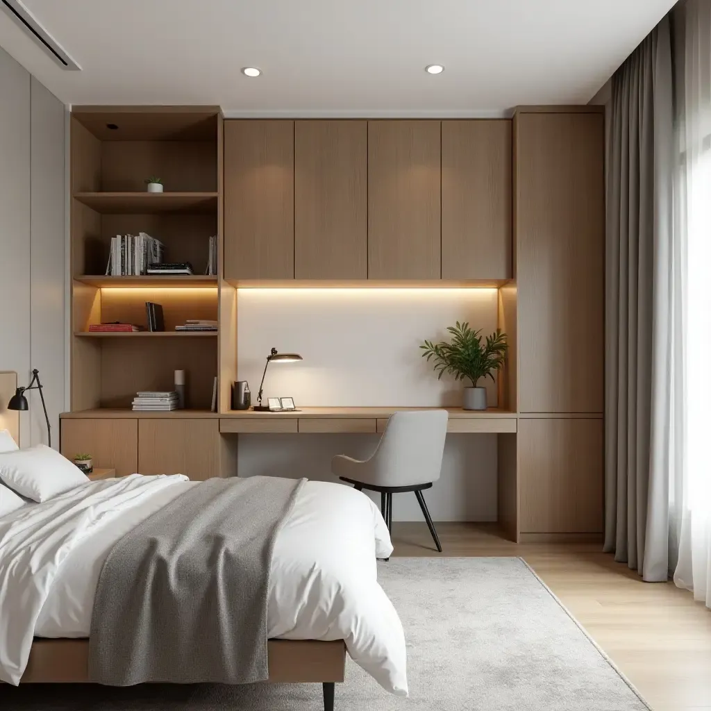 a photo of a modern bedroom with a built-in desk and storage