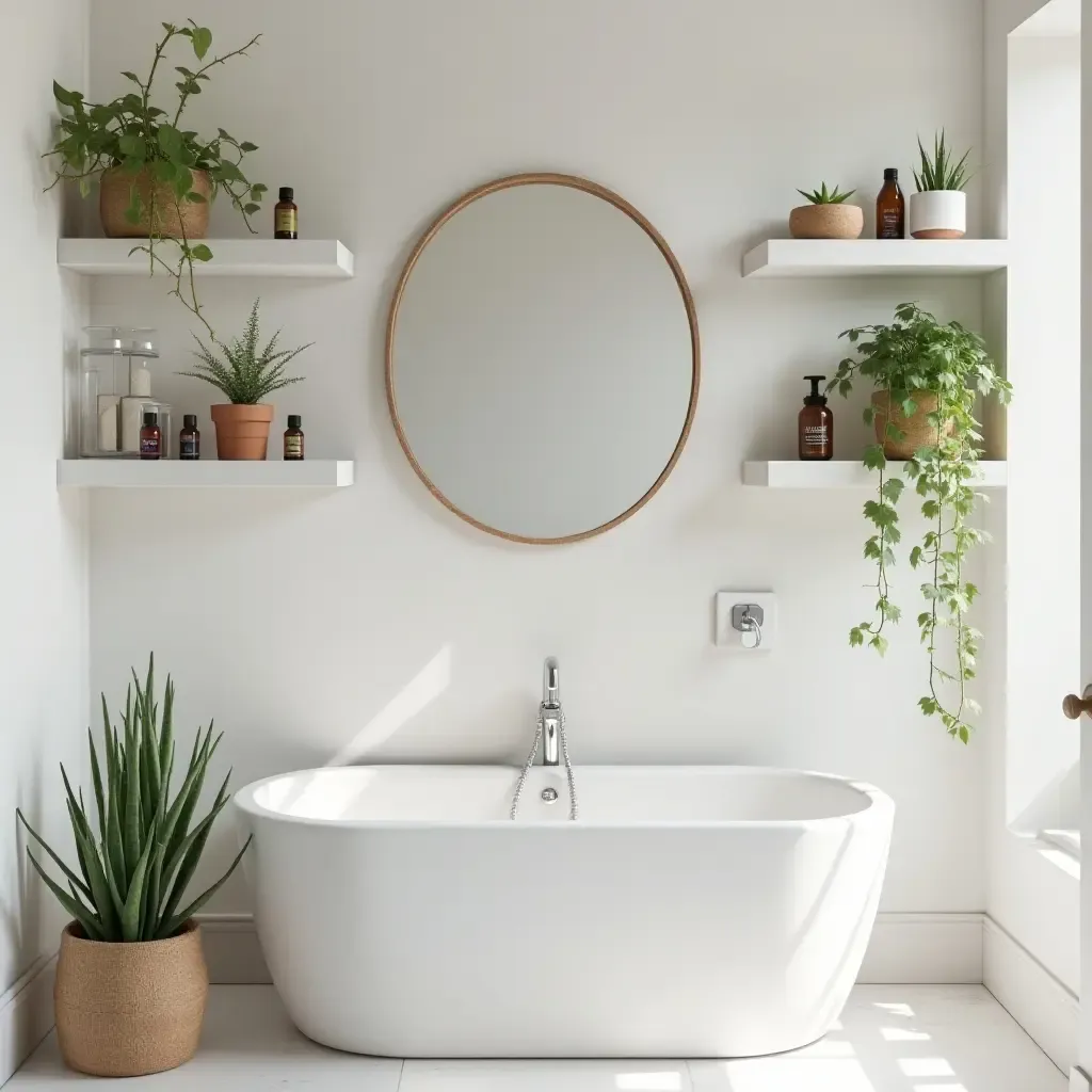 a photo of a minimalist bathroom with open shelves holding essential oils and plants