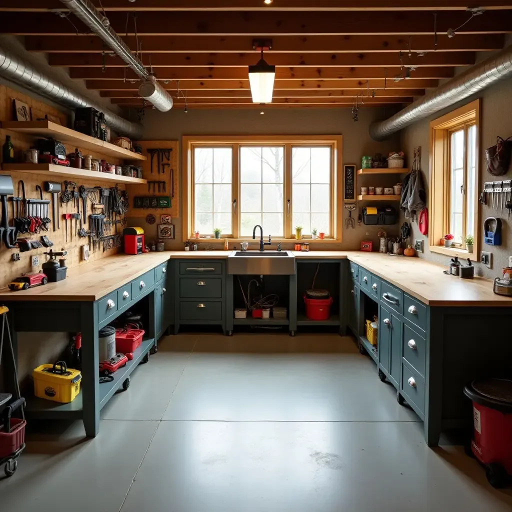 a photo of a basement workshop with organized tools and efficient work surfaces