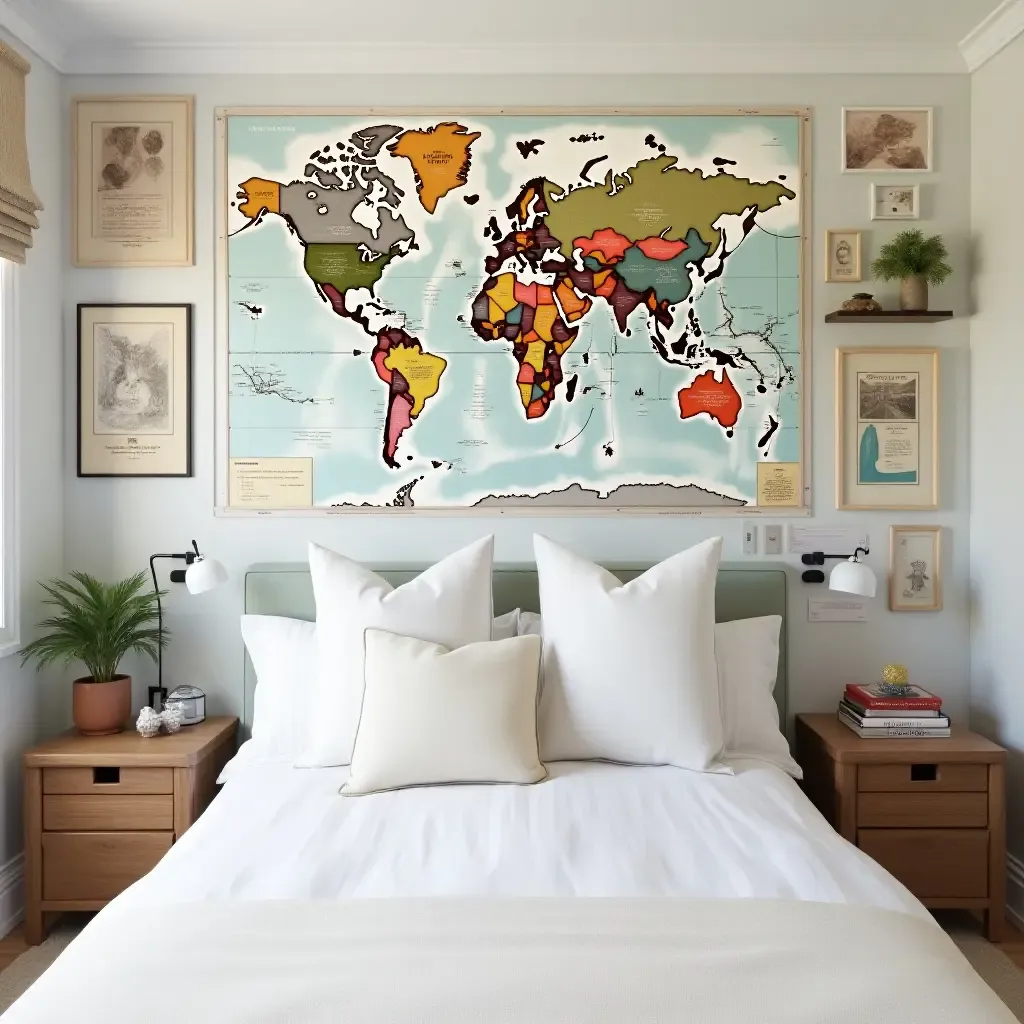 a photo of a travel-inspired gallery wall with maps and souvenirs in a stylish teen bedroom