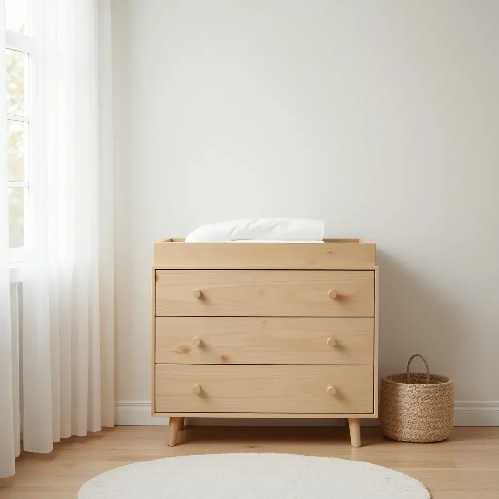 a photo of a wooden changing table in a bright nursery