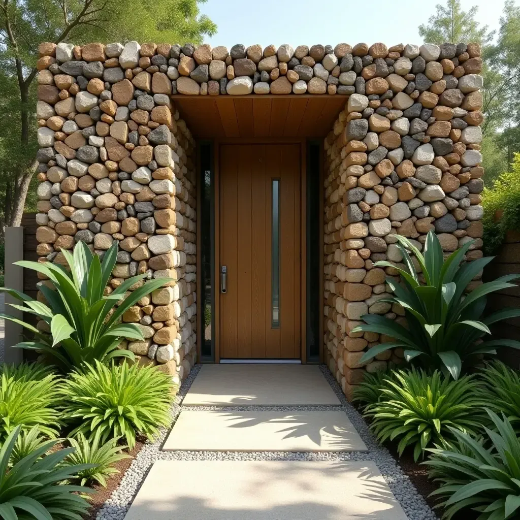 a photo of a creative garden wall with recycled materials in a sustainable entrance