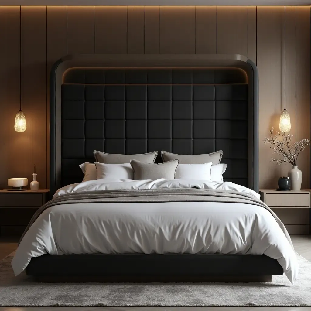 a photo of a bedroom featuring a dark, oversized headboard