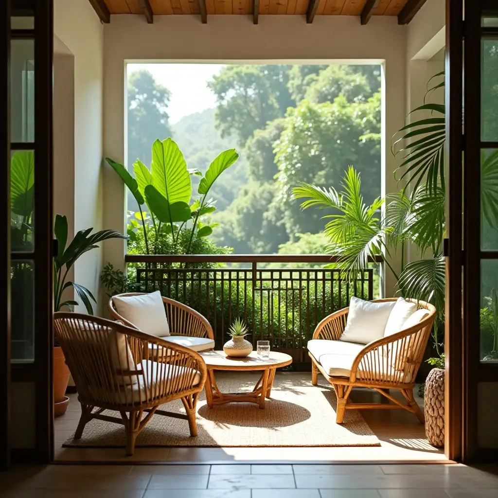 a photo of a tropical balcony with bamboo furniture and palm plants