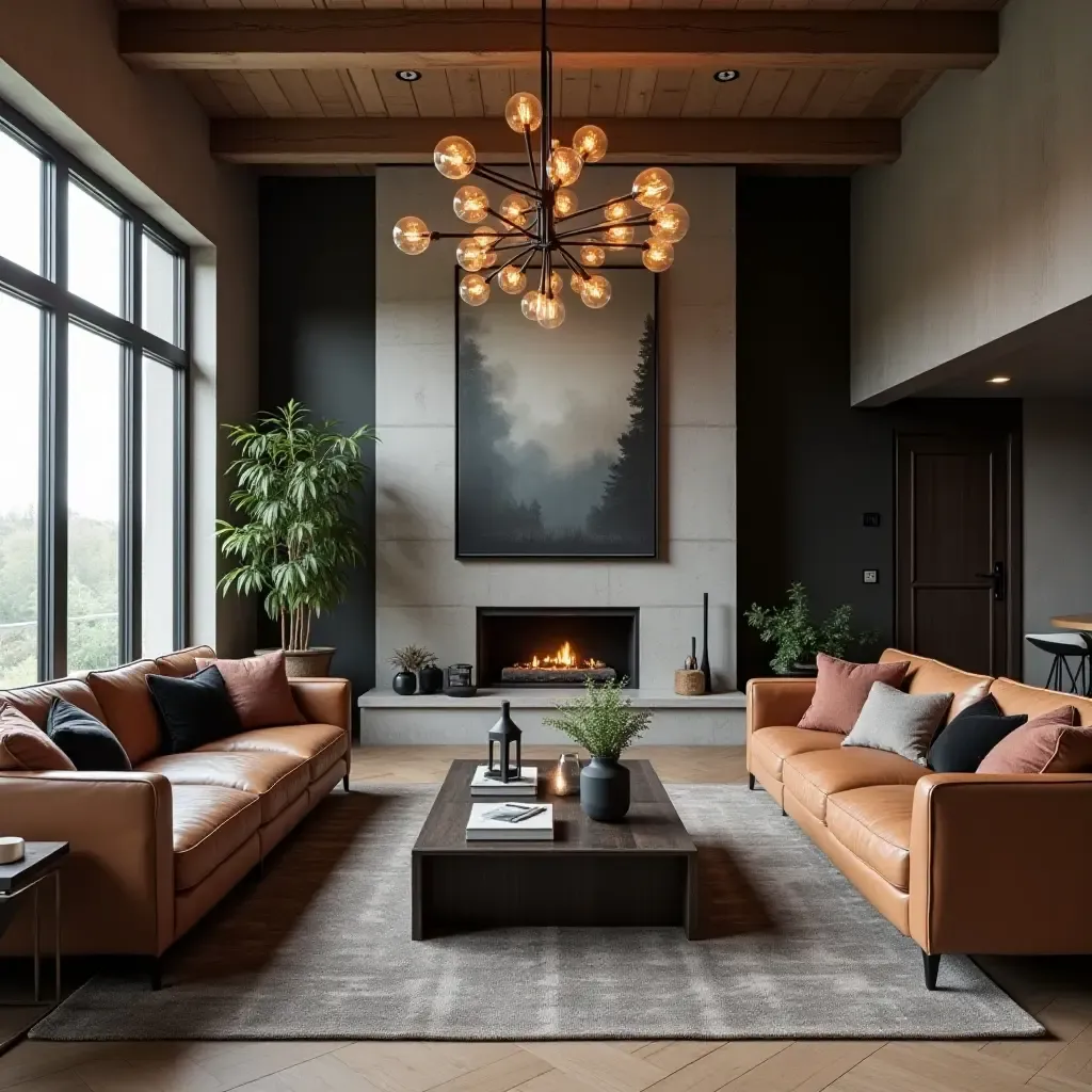 a photo of a living room with a statement industrial chandelier and leather seating