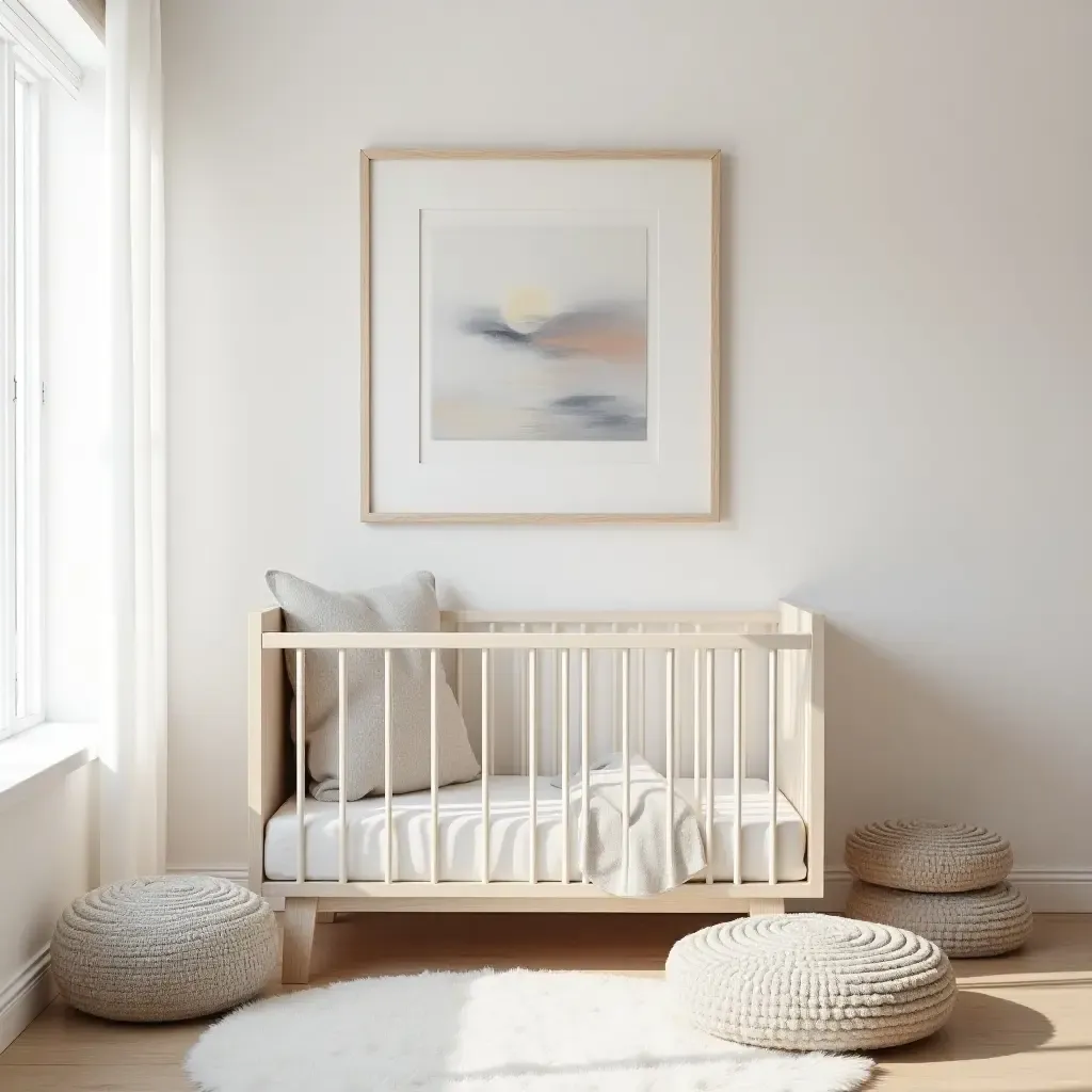 a photo of a nursery with modern art pieces and plush furnishings