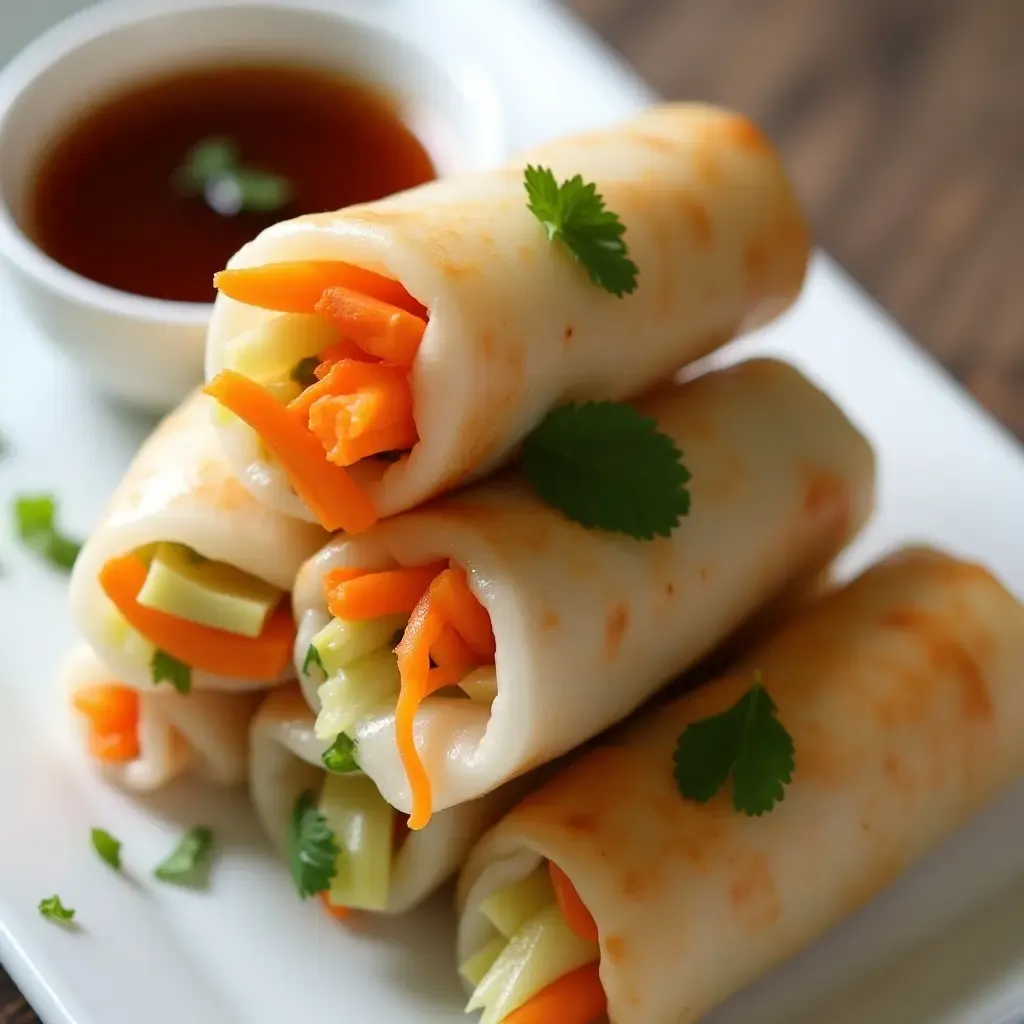 a photo of spring rolls with crispy tofu, pickled carrots, and mint, served with hoisin sauce.