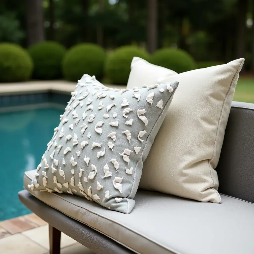 a photo of throw pillows arranged artistically on a poolside bench