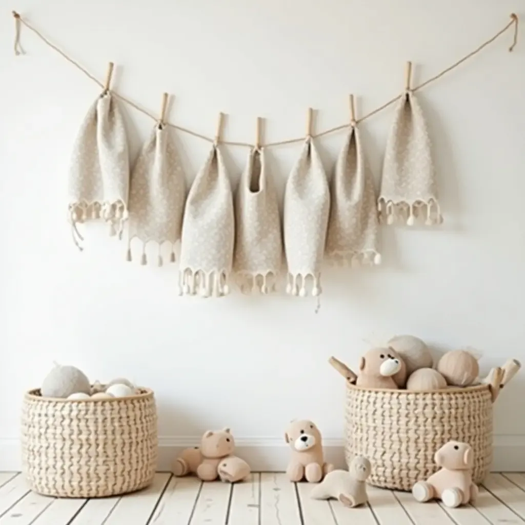 a photo of a nursery showcasing fabric wall hangings and wooden toys