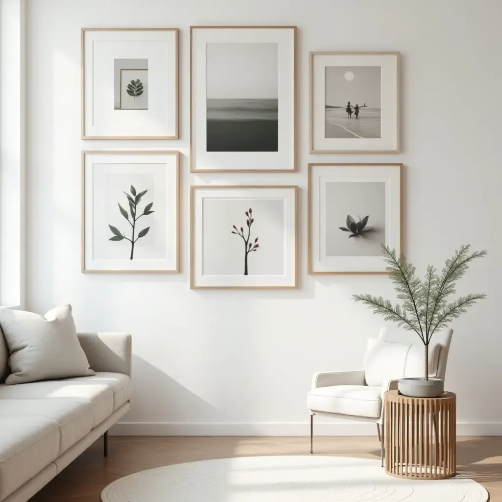 a photo of a chic gallery wall with framed art and photos