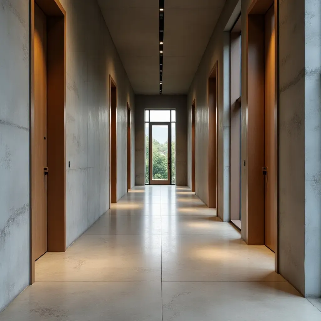 a photo of a stylish corridor with a polished concrete floor