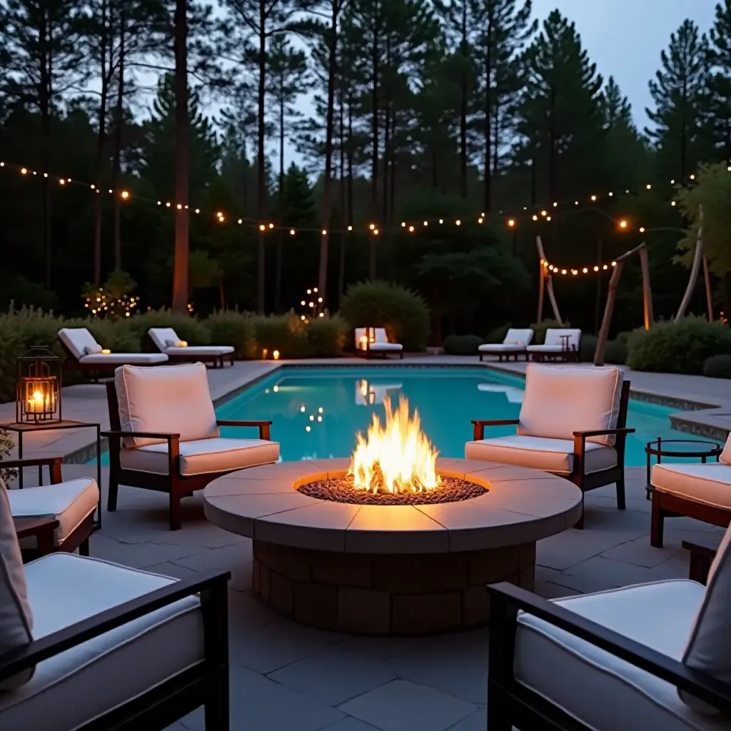 a photo of a cozy fire pit with elegant seating near the pool