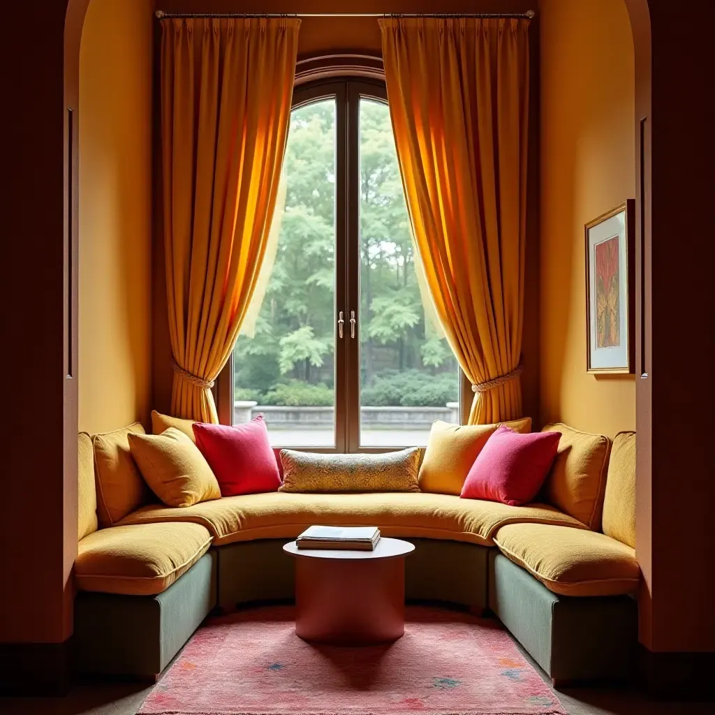 a photo of a reading nook with a vibrant color scheme and inviting pillows