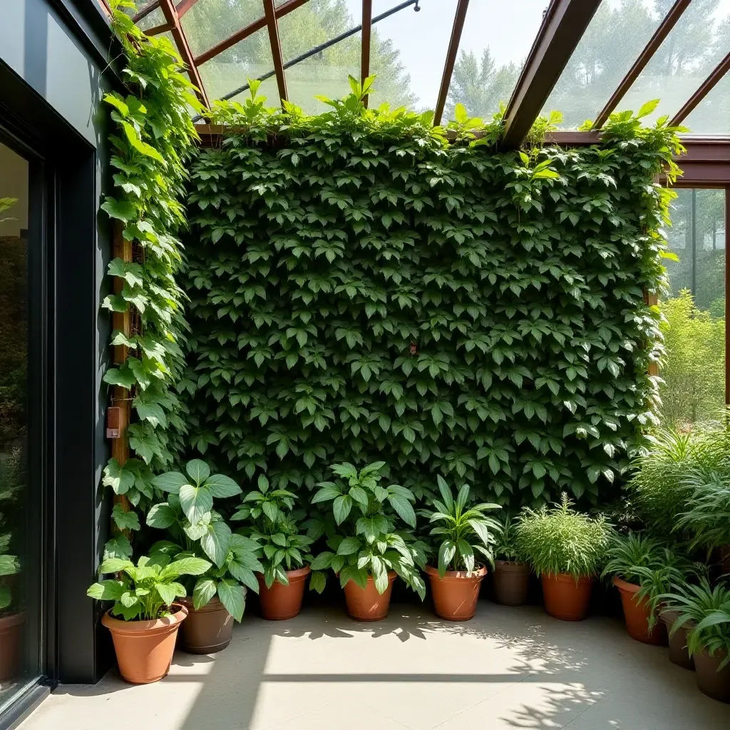 a photo of a nursery with a green wall filled with climbing plants