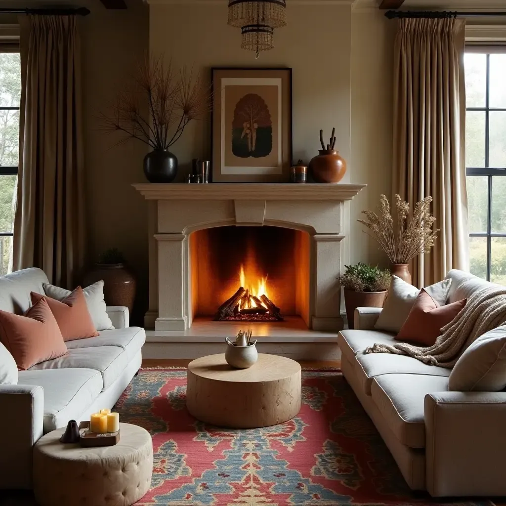 a photo of a warm fireplace surrounded by boho-inspired furniture