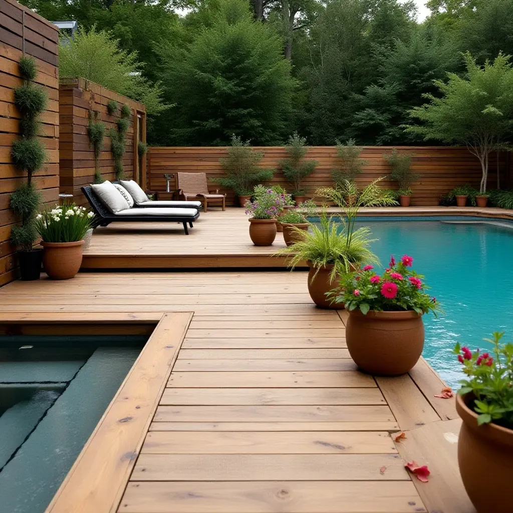 a photo of a reclaimed wood deck with potted plants by the pool