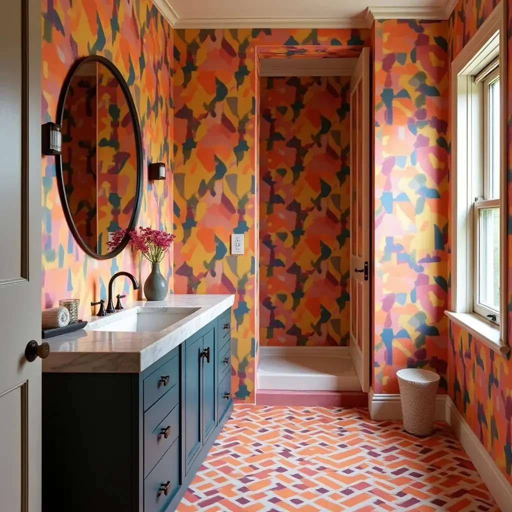 a photo of a bold bathroom design featuring vibrant colors and unique patterns